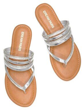 Dream Pairs Size 8.5 Thong Sandals Silver Straps Rhinestone Embellished